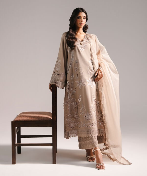 3 Piece - Embroidered Cotton Satin Suit