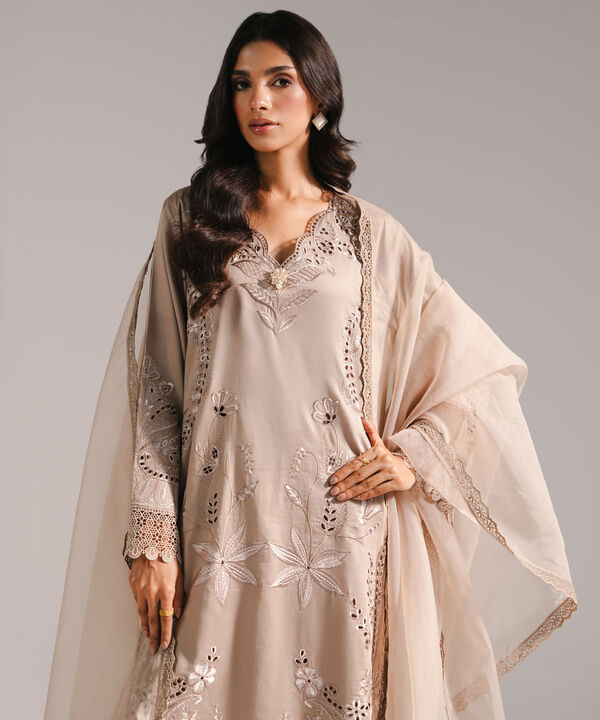 3 Piece - Embroidered Cotton Satin Suit