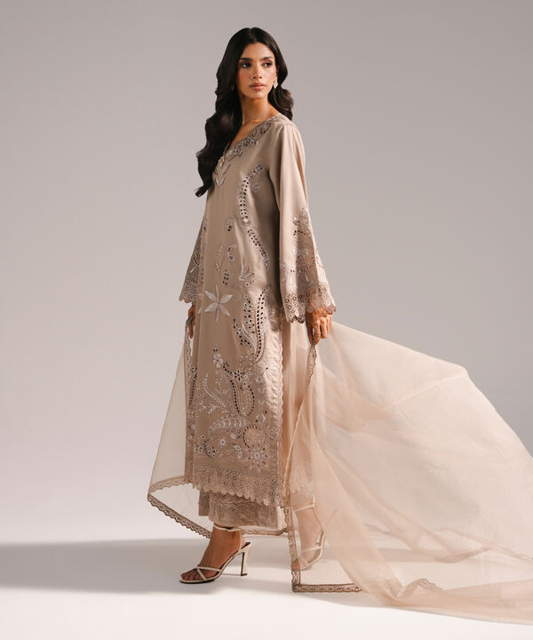 3 Piece - Embroidered Cotton Satin Suit