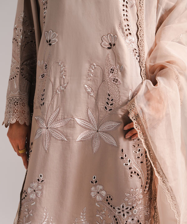 3 Piece - Embroidered Cotton Satin Suit