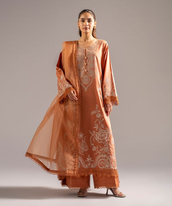 3 Piece - Embroidered Cotton Satin Suit