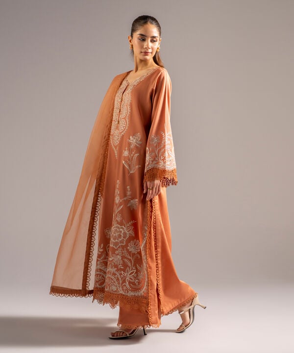 3 Piece - Embroidered Cotton Satin Suit