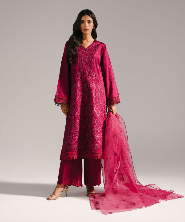 3 Piece - Embroidered Cotton Satin Suit