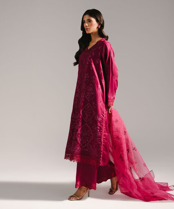 3 Piece - Embroidered Cotton Satin Suit