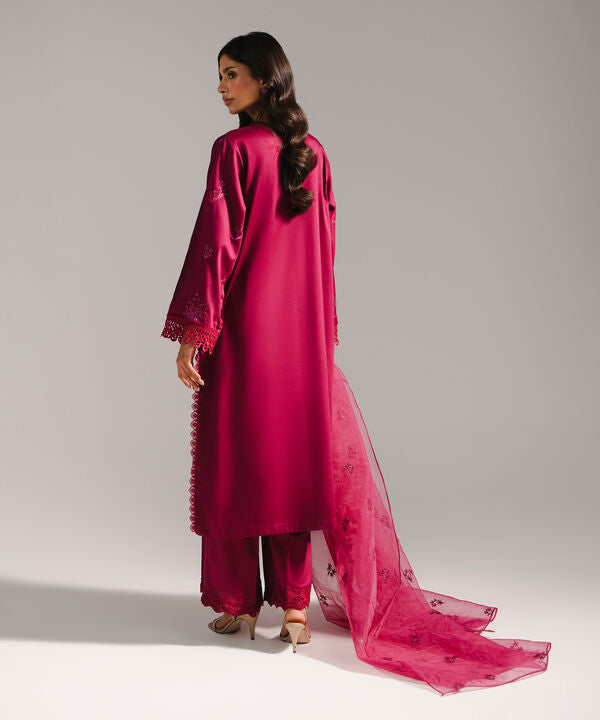 3 Piece - Embroidered Cotton Satin Suit