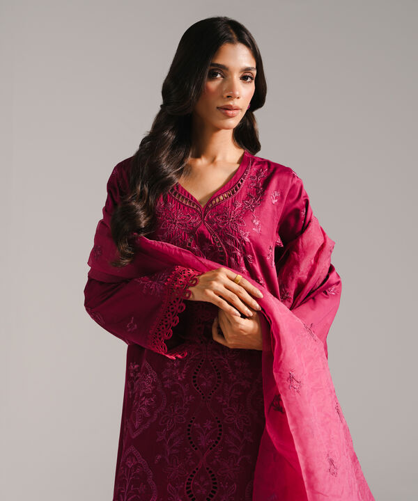 3 Piece - Embroidered Cotton Satin Suit