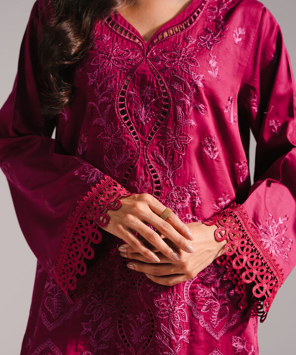 3 Piece - Embroidered Cotton Satin Suit