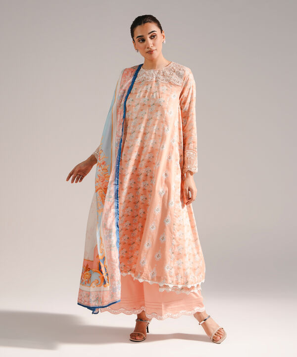 3 Piece - Embroidered Cotton Satin Suit