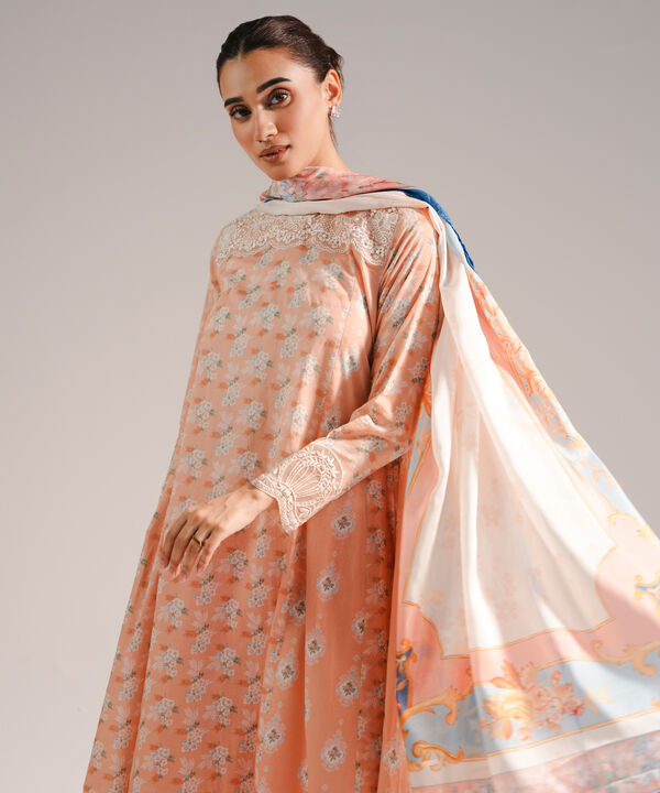 3 Piece - Embroidered Cotton Satin Suit