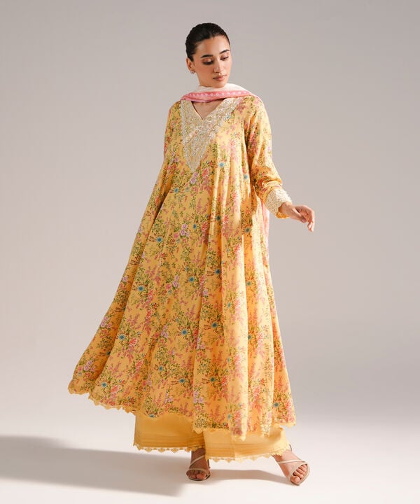 3 Piece - Embroidered Cotton Satin Suit