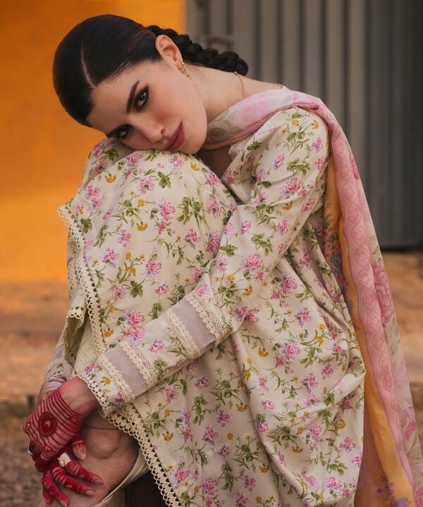 3 Piece - Embroidered Cotton Satin Suit