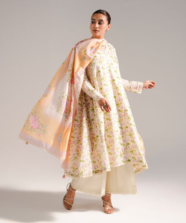 3 Piece - Embroidered Cotton Satin Suit