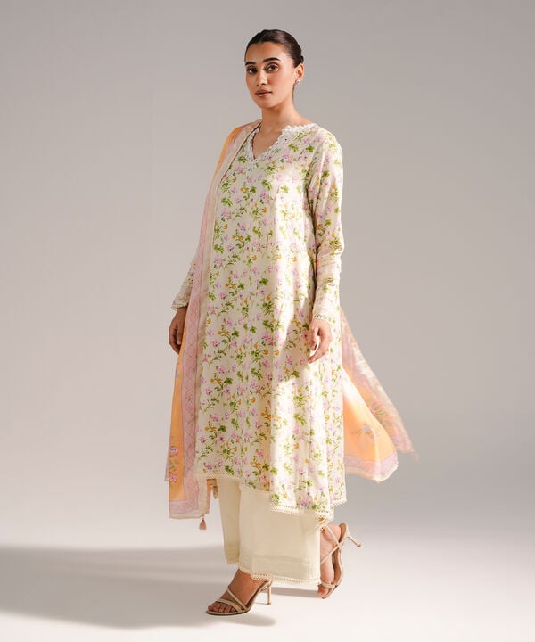3 Piece - Embroidered Cotton Satin Suit