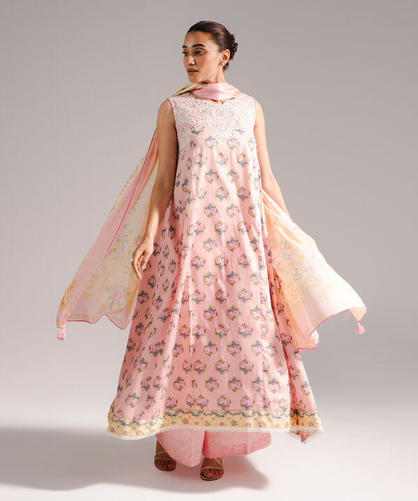 3 Piece - Embroidered Cotton Satin Suit