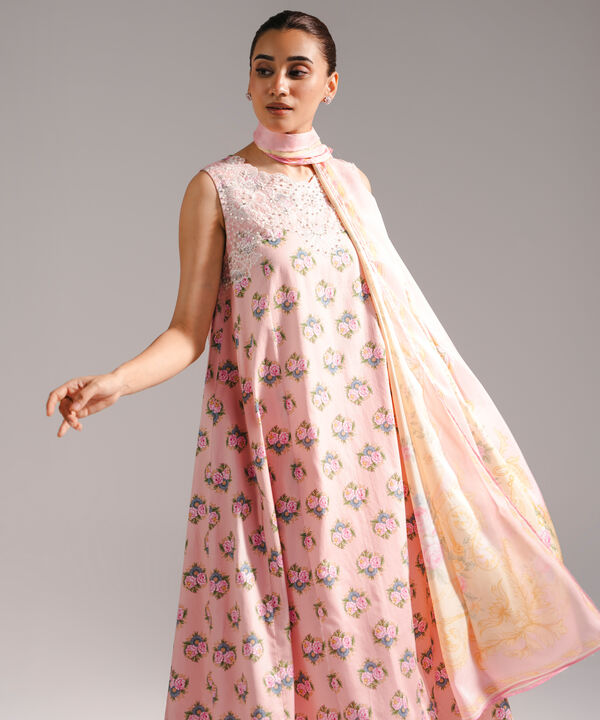 3 Piece - Embroidered Cotton Satin Suit