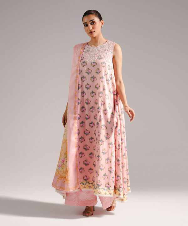 3 Piece - Embroidered Cotton Satin Suit
