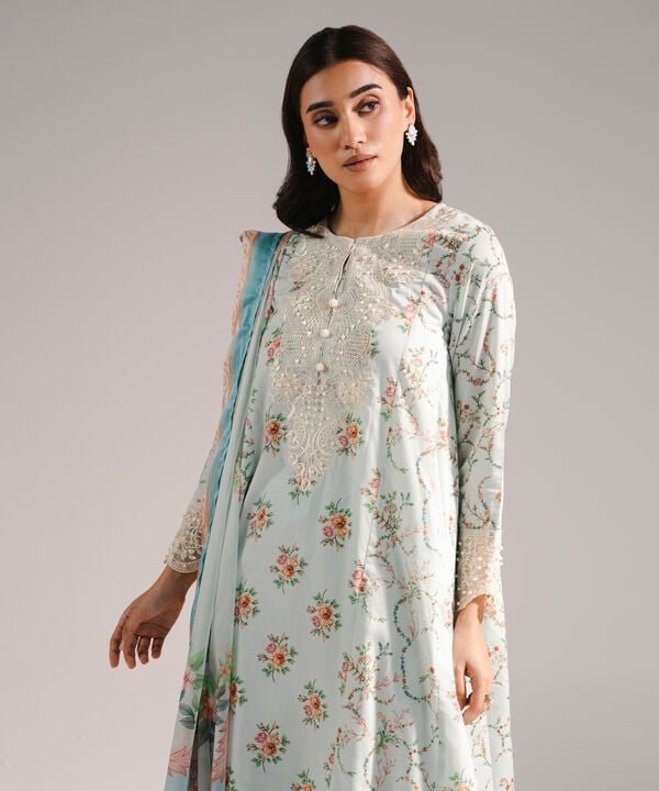3 Piece - Embroidered Cotton Satin Suit