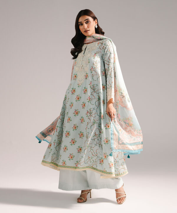 3 Piece - Embroidered Cotton Satin Suit