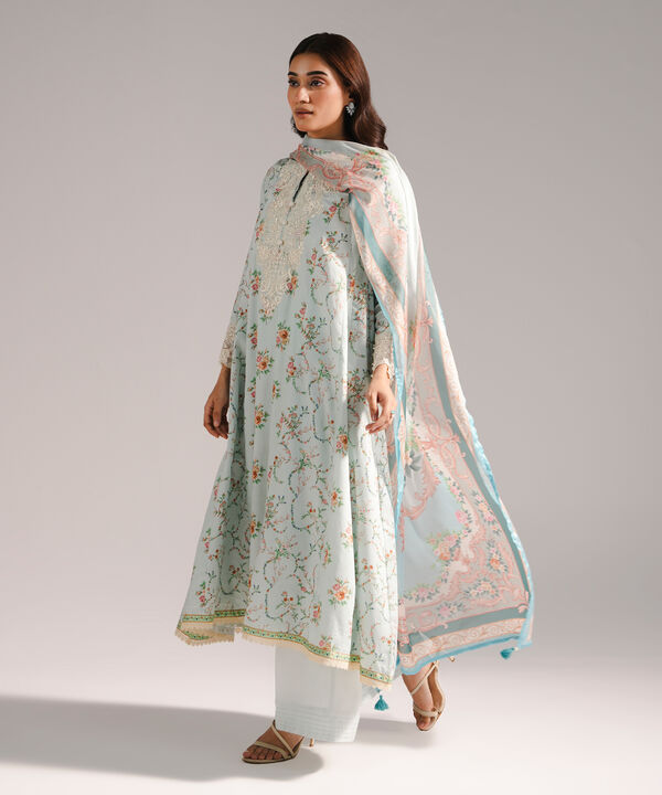 3 Piece - Embroidered Cotton Satin Suit