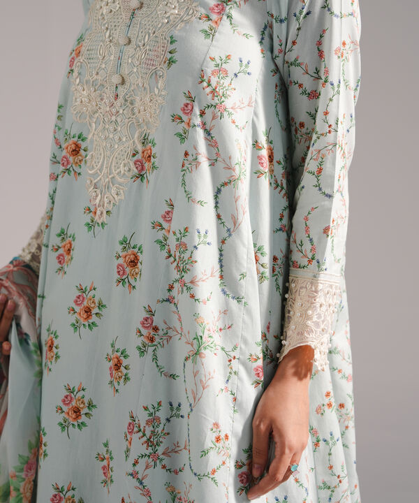 3 Piece - Embroidered Cotton Satin Suit