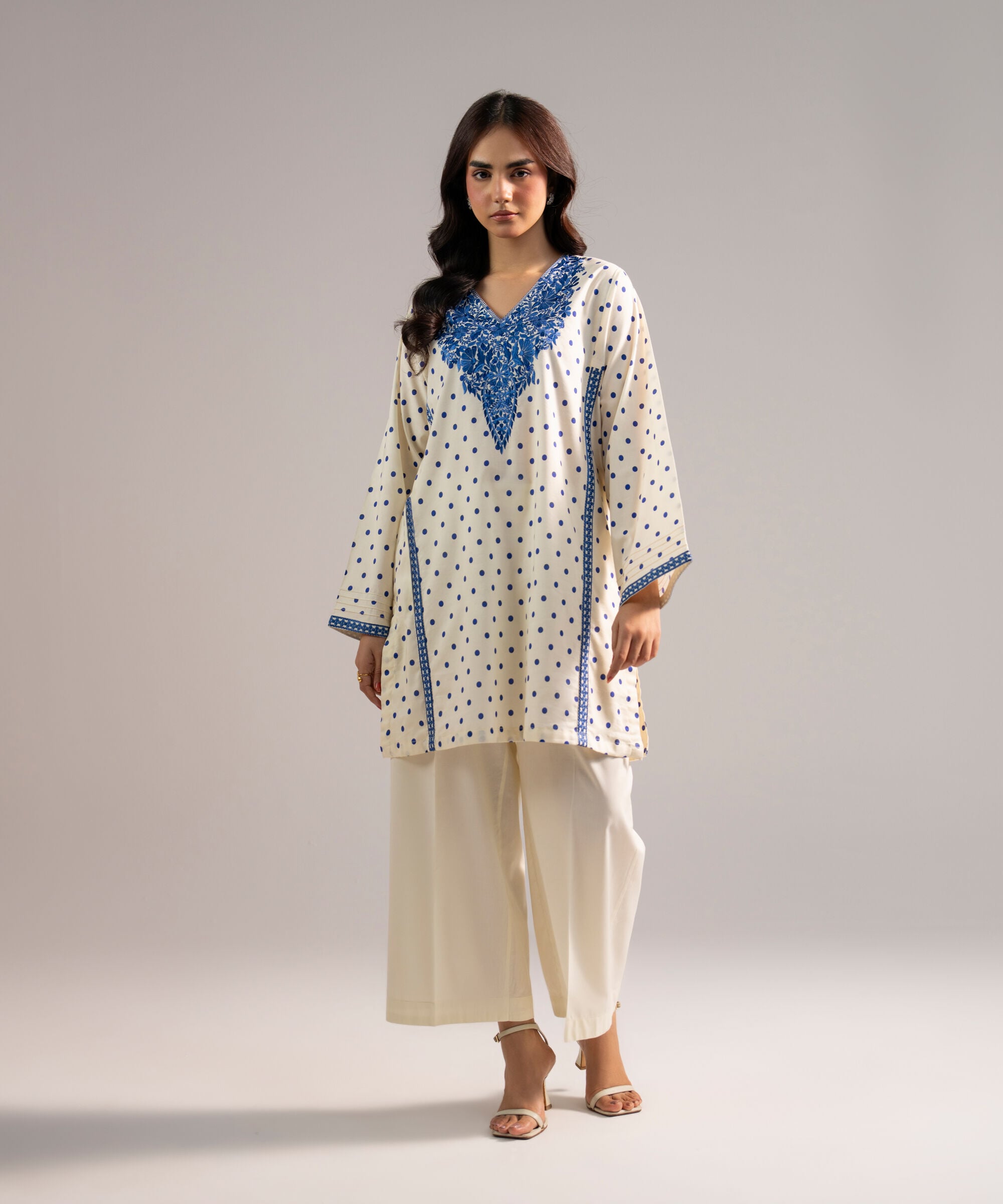 Women's RTW Cotton Viscose Embroidered Off White Straight Shirt