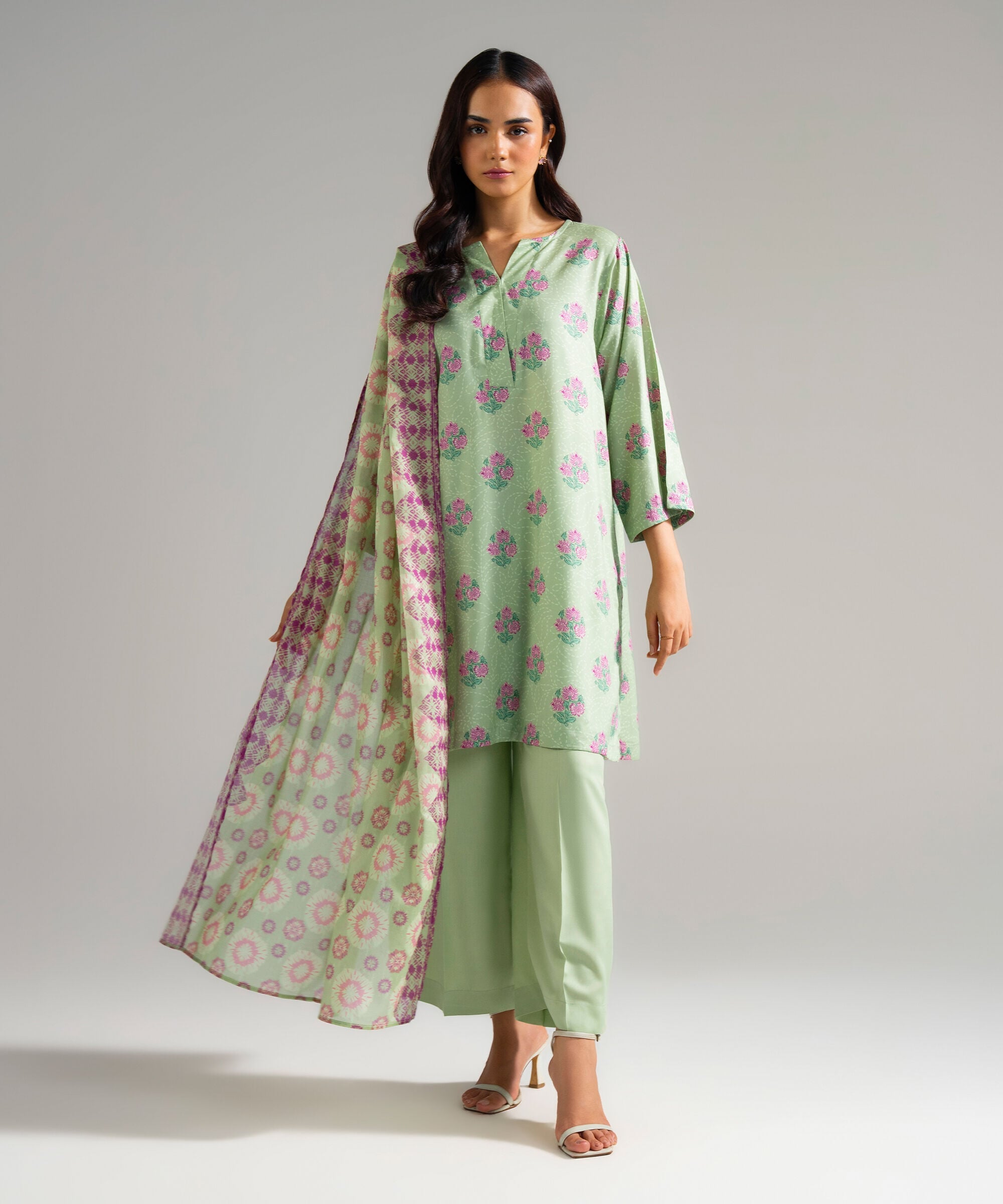 Women's RTW Arabic Lawn Printed Green 3 Piece Suit