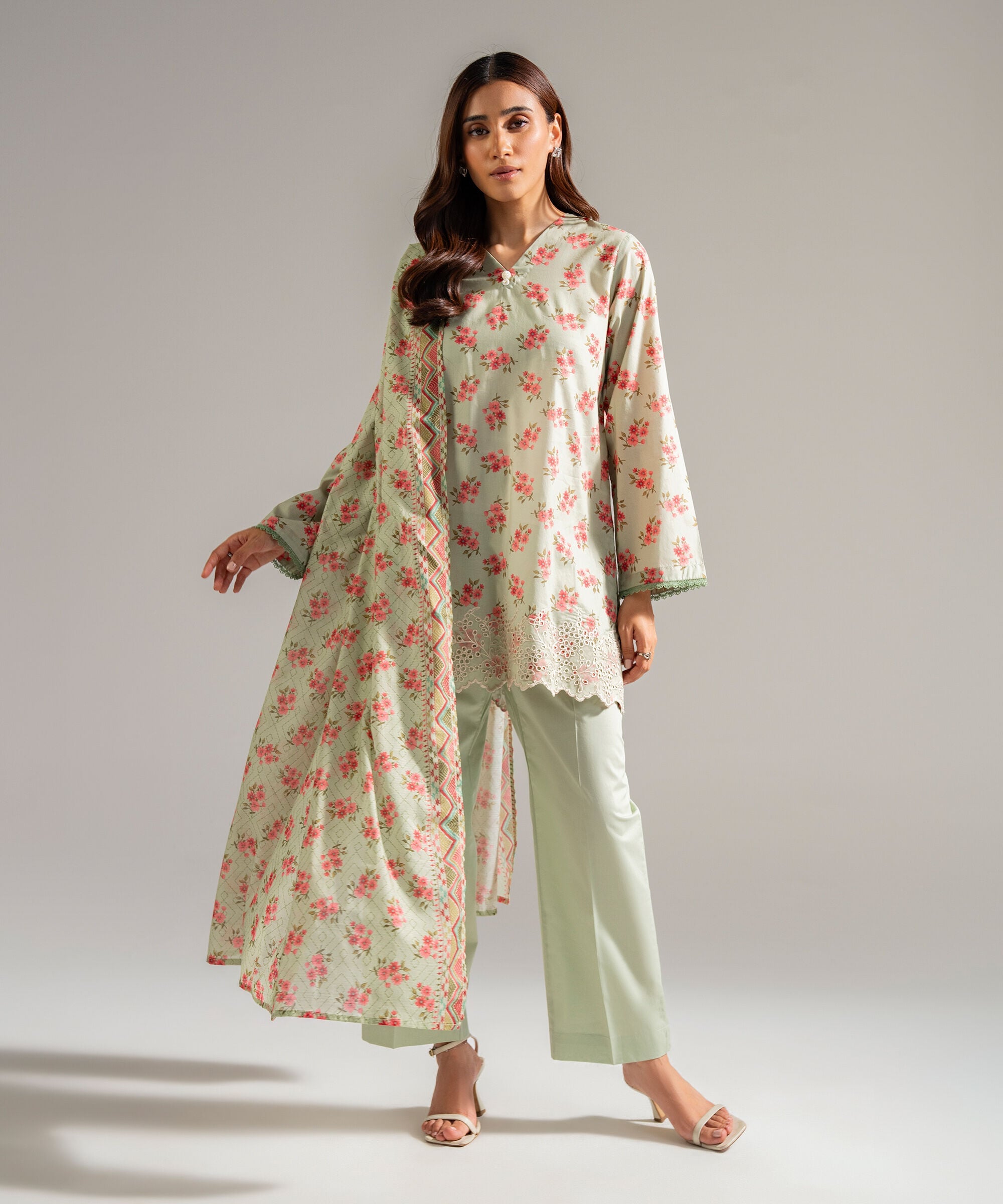 Women's RTW Lawn Embroidered Green 3 Piece Suit