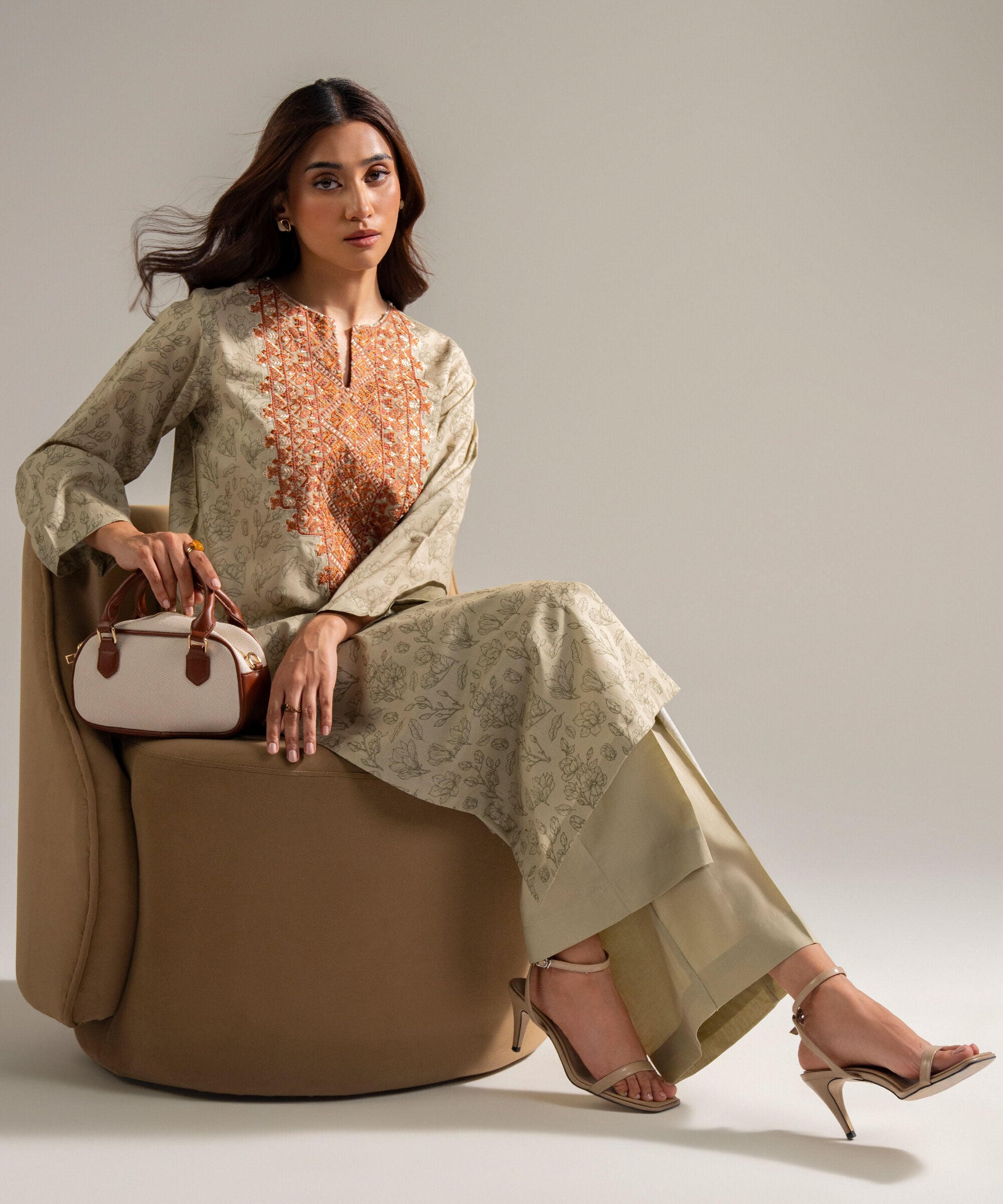 Women's RTW Cambric Embroidered Dark Beige 2 Piece Suit