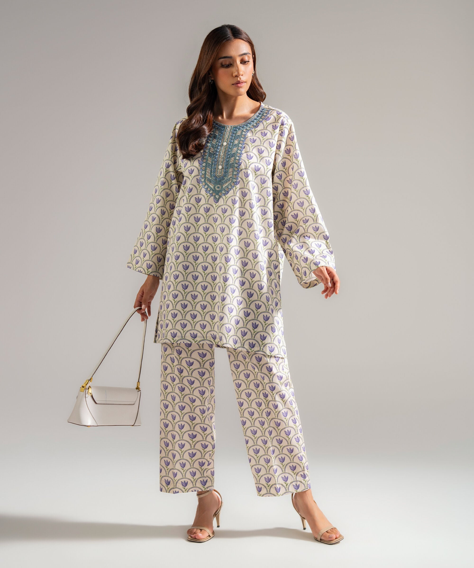 Women's RTW Cambric Embroidered Off White 2 Piece Suit