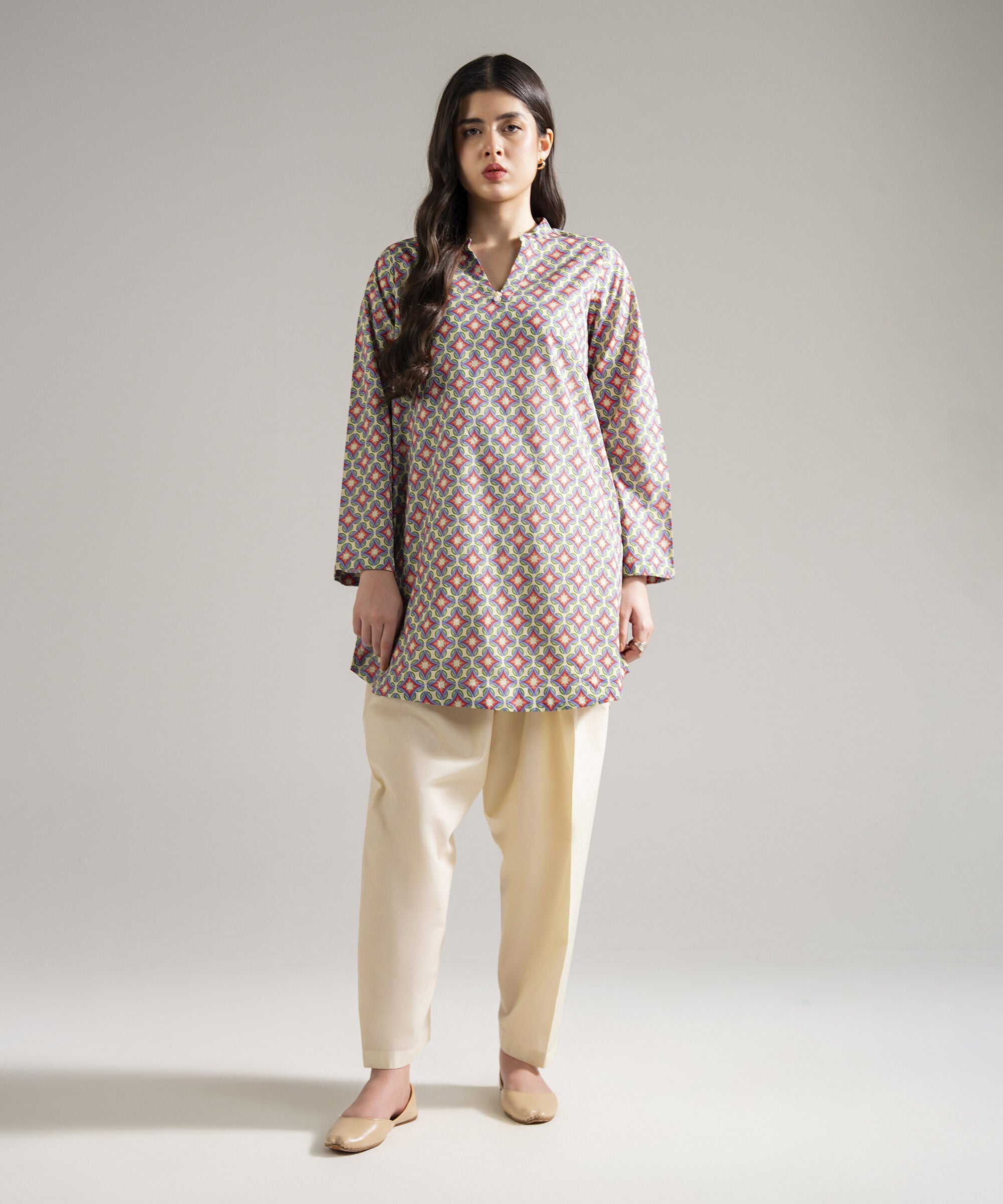 Women's RTW Cambric Printed Off White 2 Piece Suit