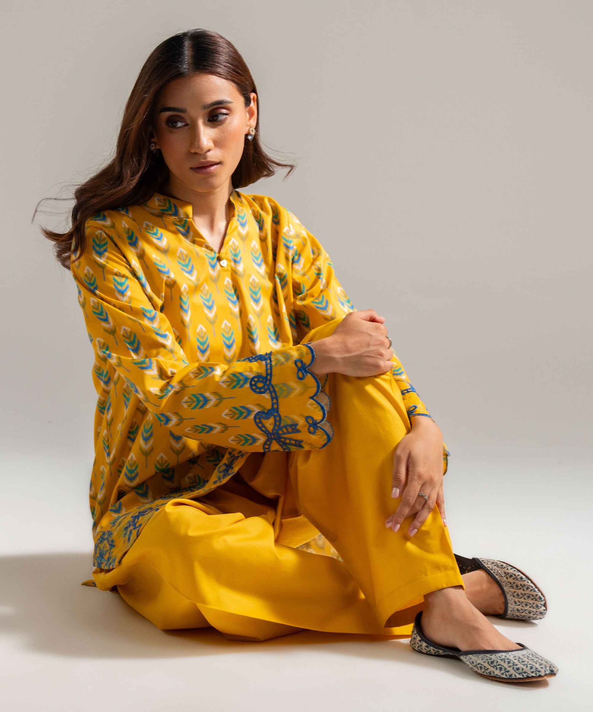 Women's RTW Cambric Embroidered Mustard Yellow 2 Piece Suit