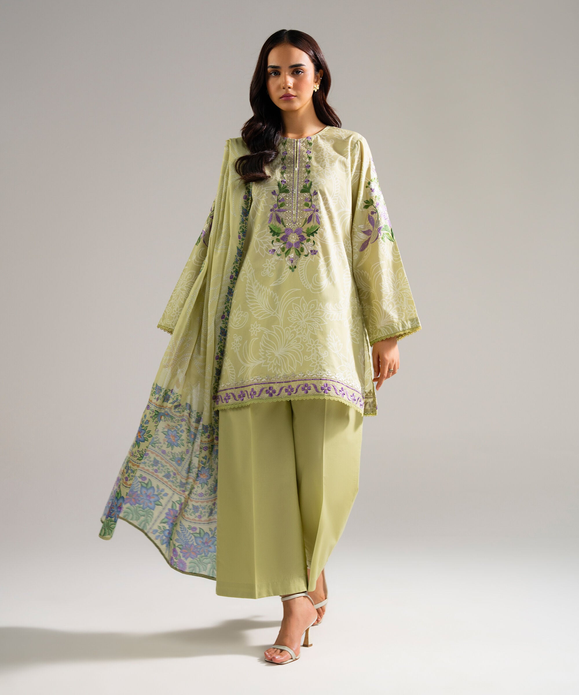 Women's RTW Cambric Embroidered Green 3 Piece Suit
