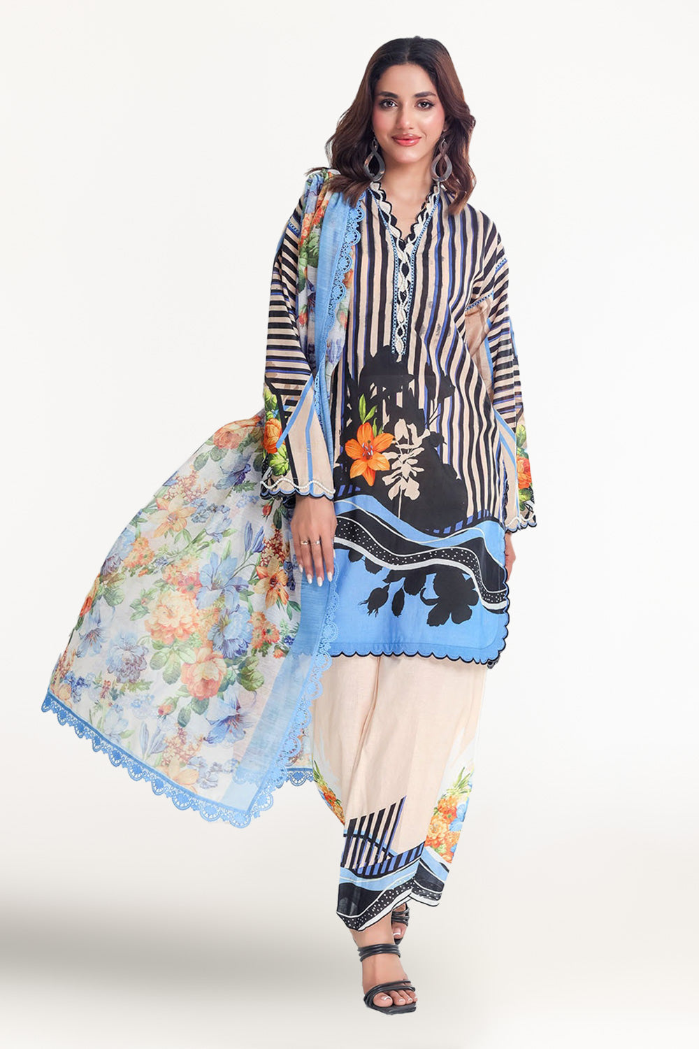 3 Piece Unstitched Printed Lawn Suit with Paper Cotton Dupatta