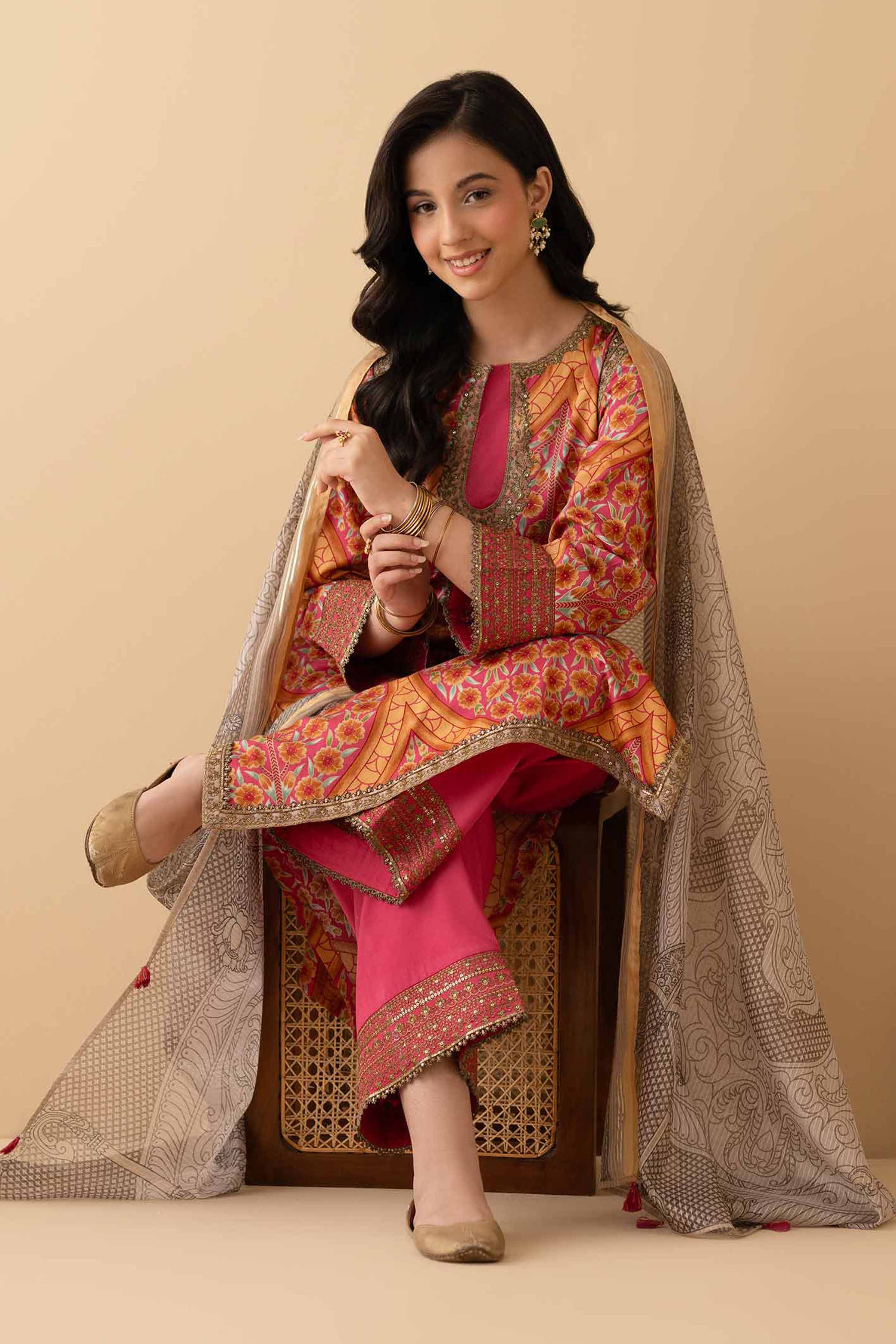3 Piece - Printed Embroidered Suit - PE25-377