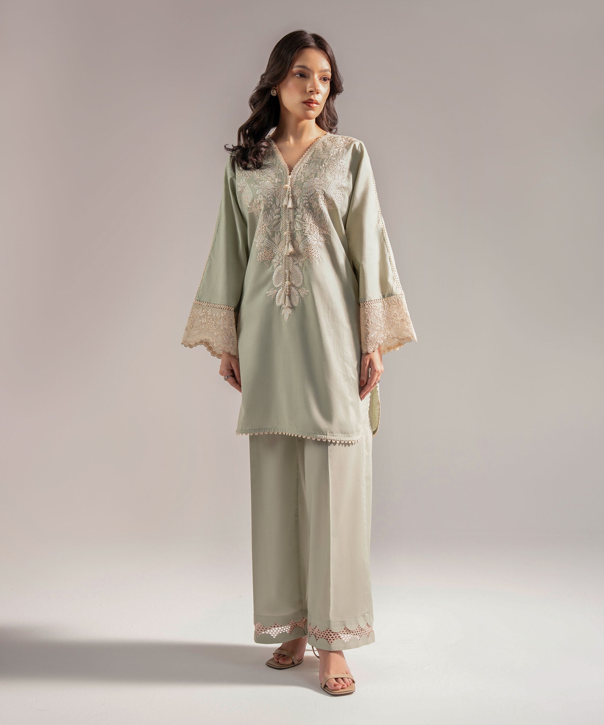 Women's RTW Self Jacquard Embroidered Mint Green 2 Piece Suit