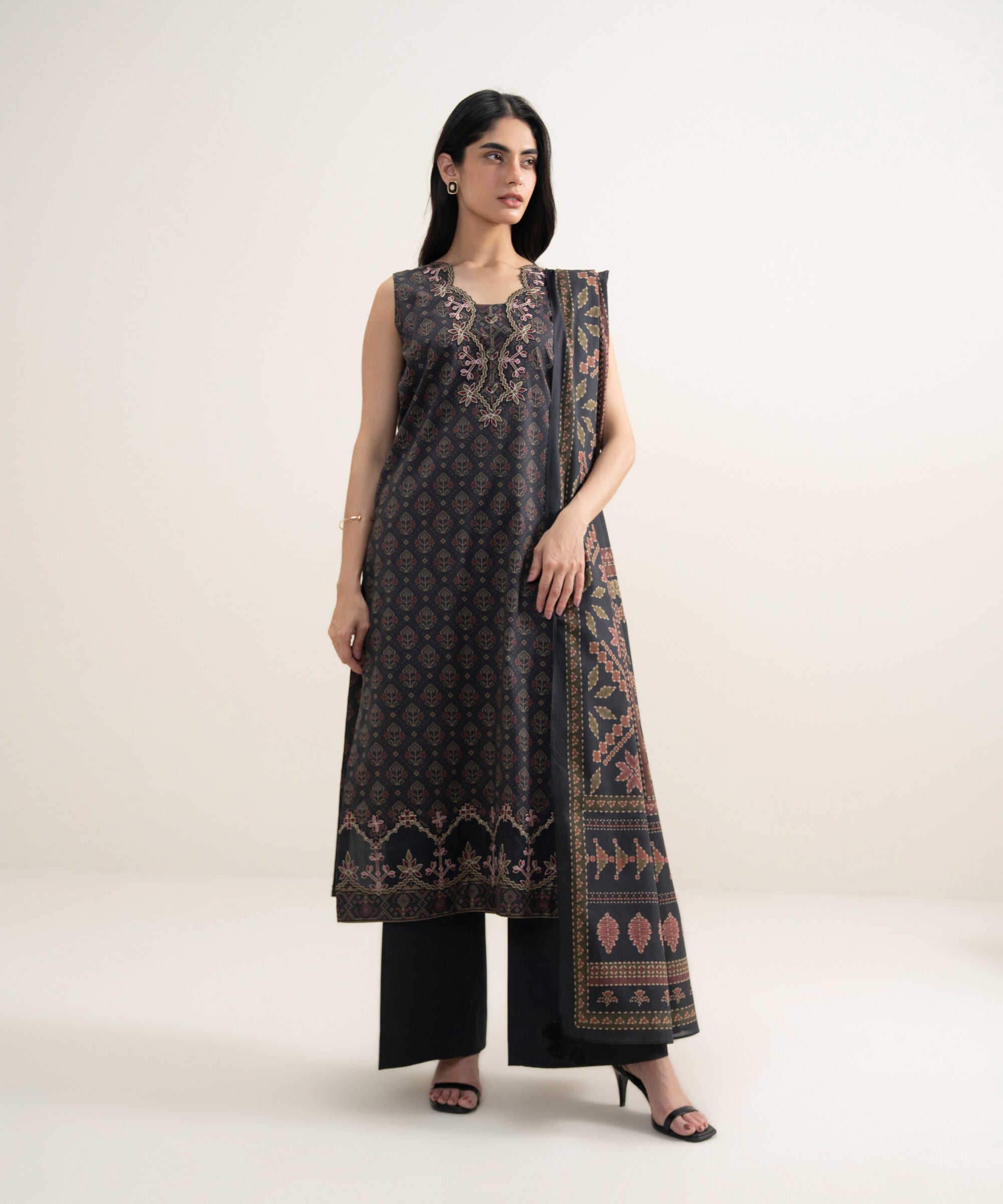 Women's Unstitched Lawn Embroidered Black 3 Piece Suit
