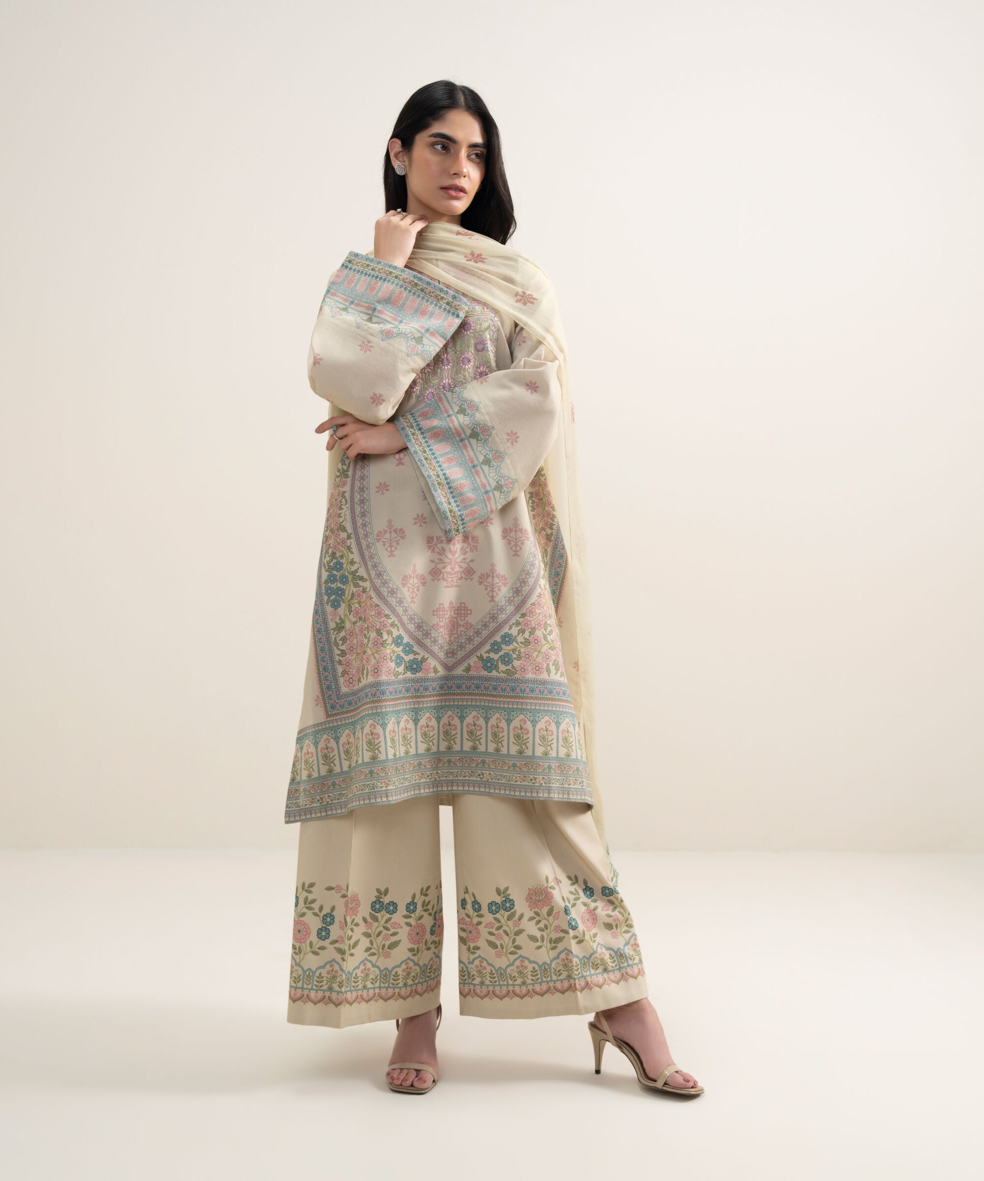 Women's Unstitched Lawn Embroidered Beige 3 Piece Suit