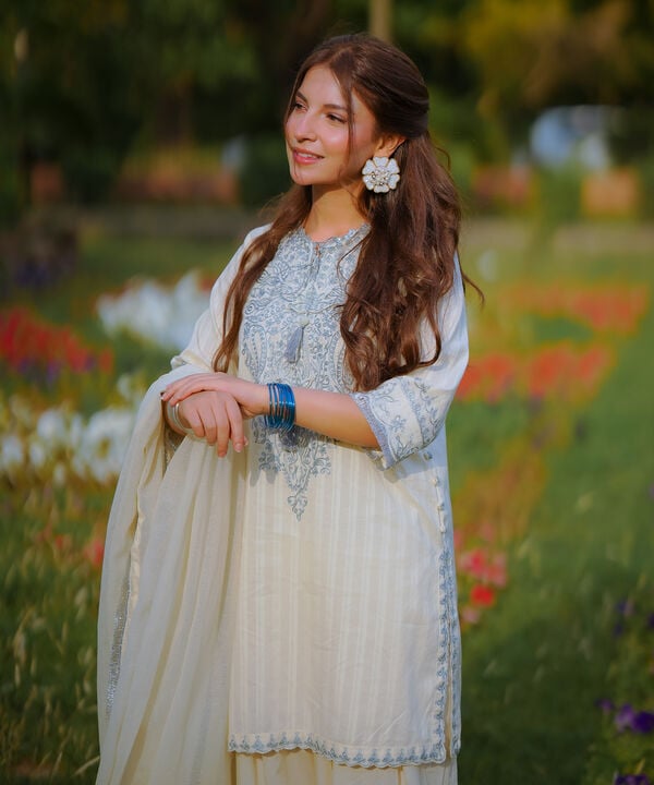 3 Piece - Embroidered Leno Kara Suit