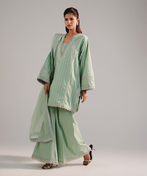 3 Piece - Embroidered Leno Kara Suit