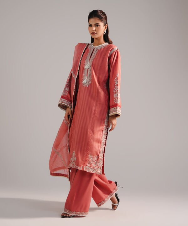 3 Piece - Embroidered Leno Kara Suit