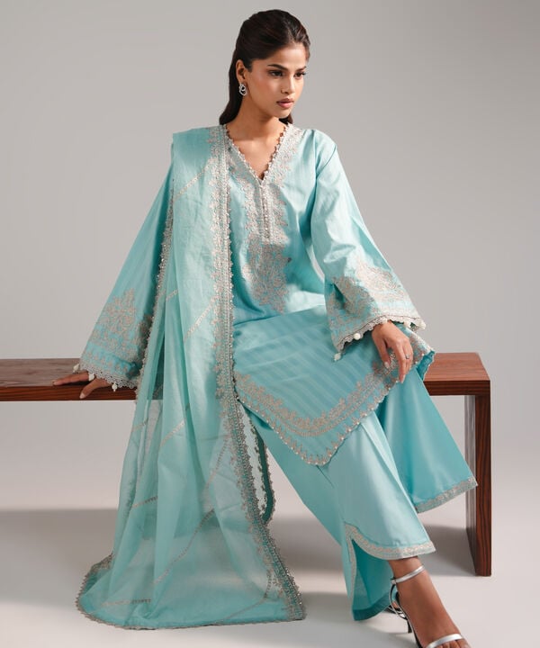 3 Piece - Embroidered Leno Kara Suit