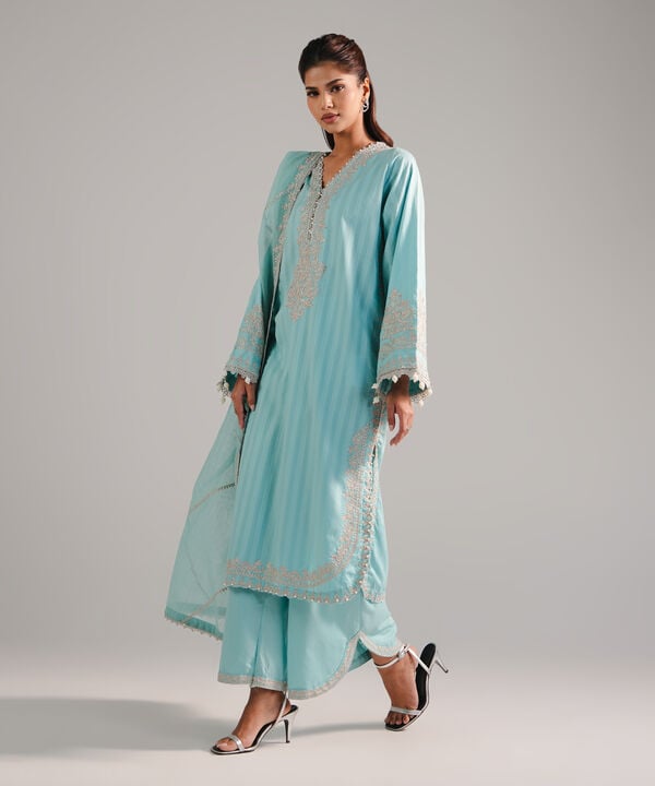 3 Piece - Embroidered Leno Kara Suit