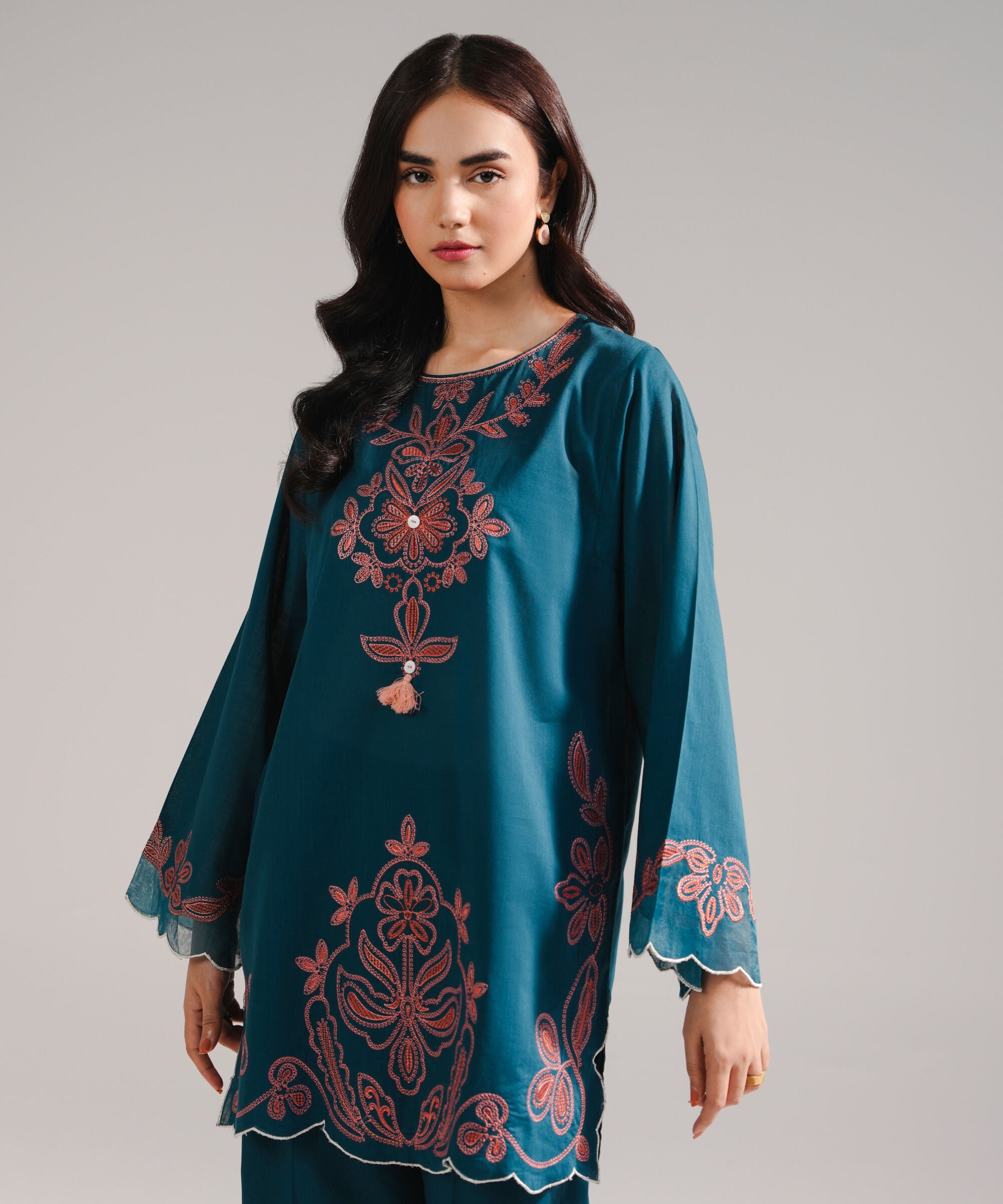 Women's RTW Cross Hatch Embroidered Teal Straight Shirt