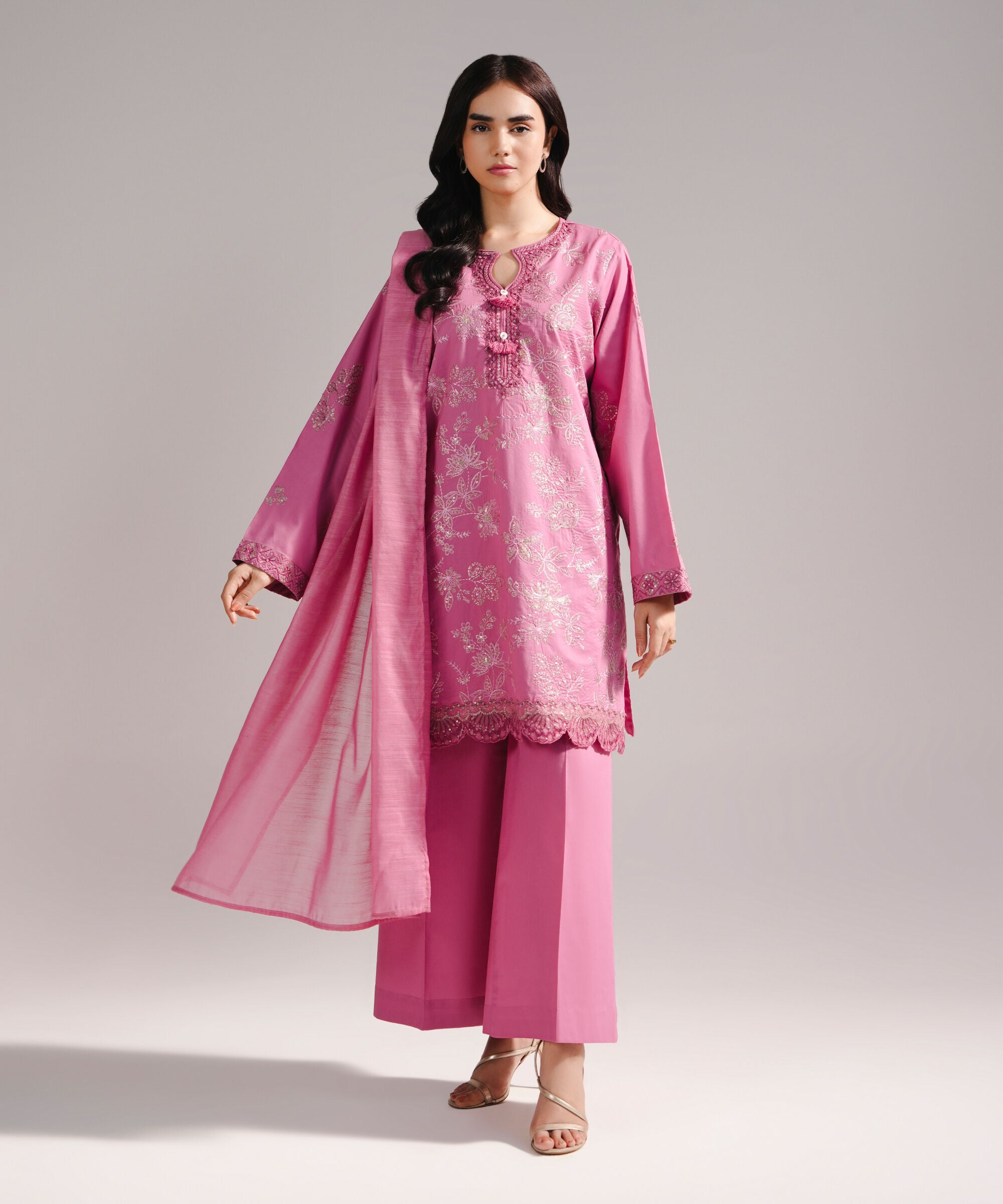 Women's RTW Lawn Embroidered Pink 3 Piece Suit