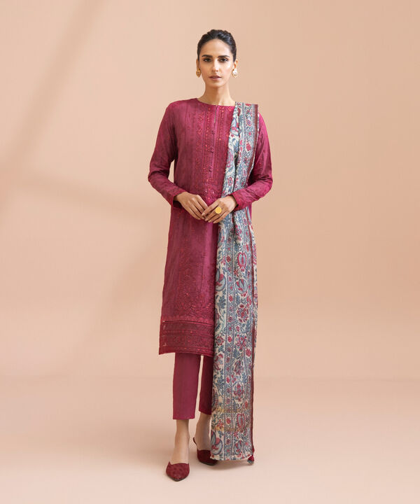 3 Piece - Embroidered Raw Silk Suit