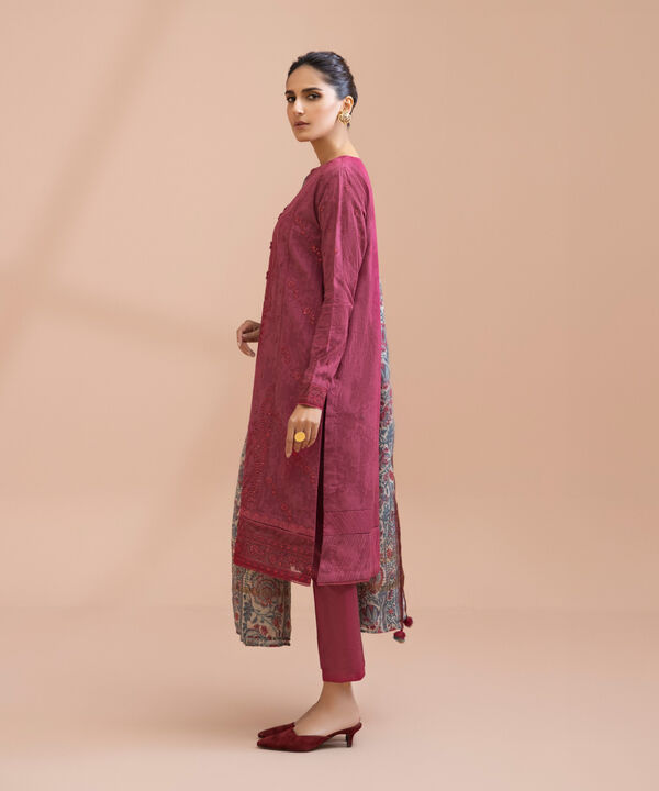 3 Piece - Embroidered Raw Silk Suit
