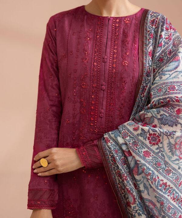 3 Piece - Embroidered Raw Silk Suit