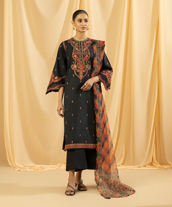3 Piece - Embroidered Raw Silk Suit