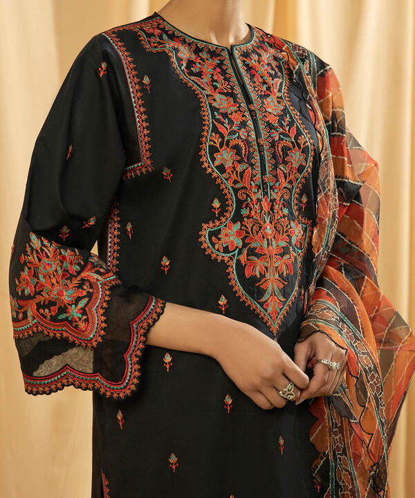 3 Piece - Embroidered Raw Silk Suit
