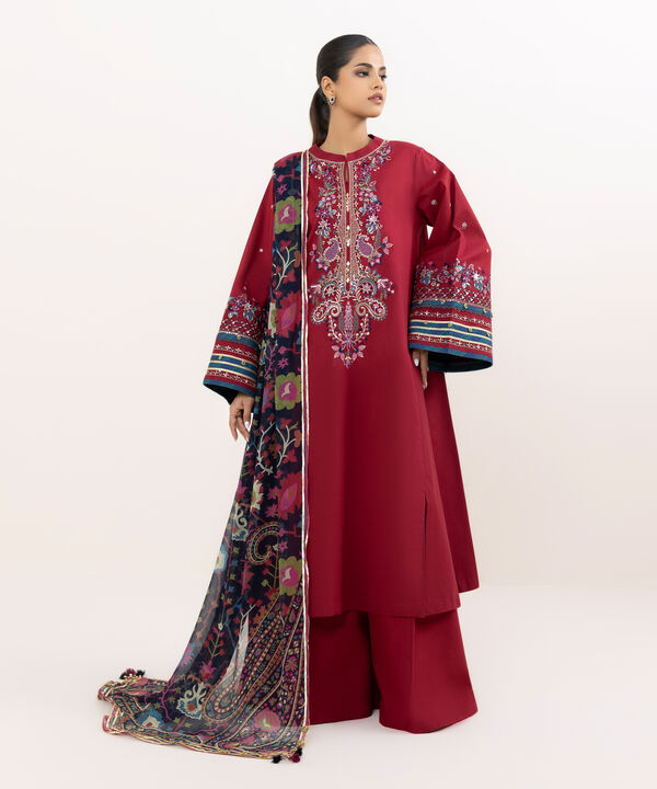3 Piece - Embroidered Raw Silk Suit